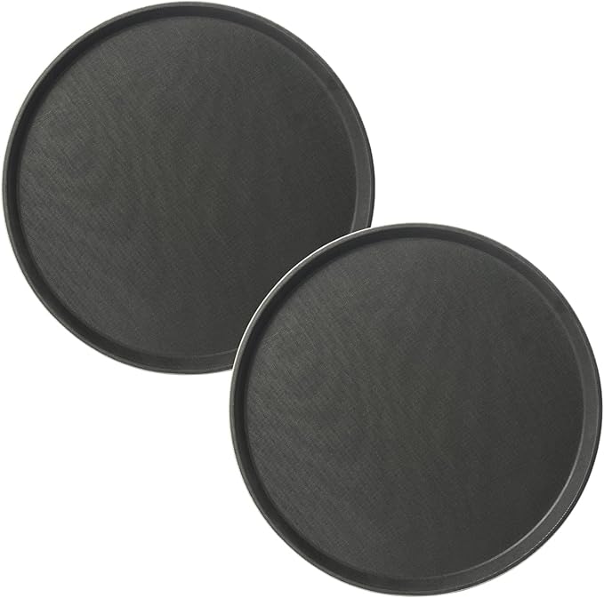 CURTA 2-Pack Restaurant Grade Non-Slip Tray, NSF, 14 Inch, Plastic Rubber Lined Round Serving Tray, Black