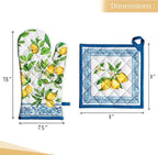 Maison d' Hermine 100% Cotton Oven Mitt & Pot Holder Set (7.5"x13" & 8"x8") Heat Resistant BBQ Cooking Gloves with Loop, Baking, Grilling, Kitchen, Handling Hot Pans Spring/Summer (Cedrat)