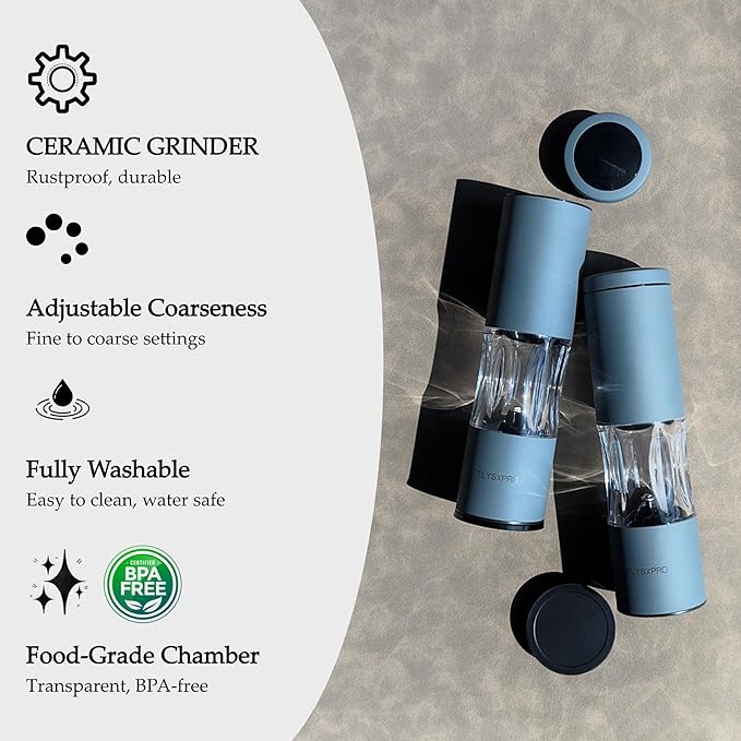Salt and Pepper Grinder Set with Adjustable Coarseness | Manual Pepper Mill Grinder with Refillable Design | Ceramic Core | Kitchen Essential (2 Packs, Stainless Steel)