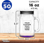 DISCOUNT PROMOS Custom Libbey Handle Mason Jars w/Lids 16 oz. Set of 50, Personalized Bulk Pack - Traditional style, High standard - Purple