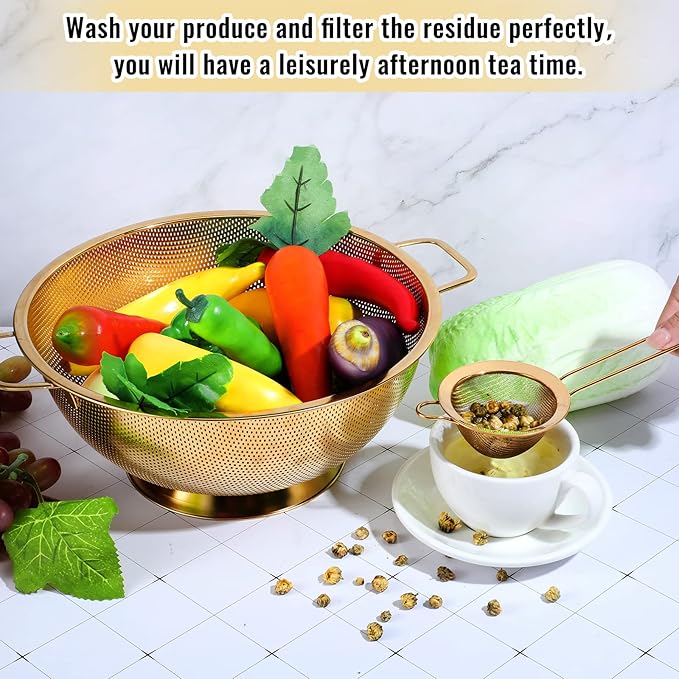 Norme 5 Quart Stainless Steel Gold Colander and 3 Pcs Gold Fine Mesh Strainer, Stainless Steel Pasta Rice Food Metal Strainer with Handles, Easy Clean and Dishwasher Safe