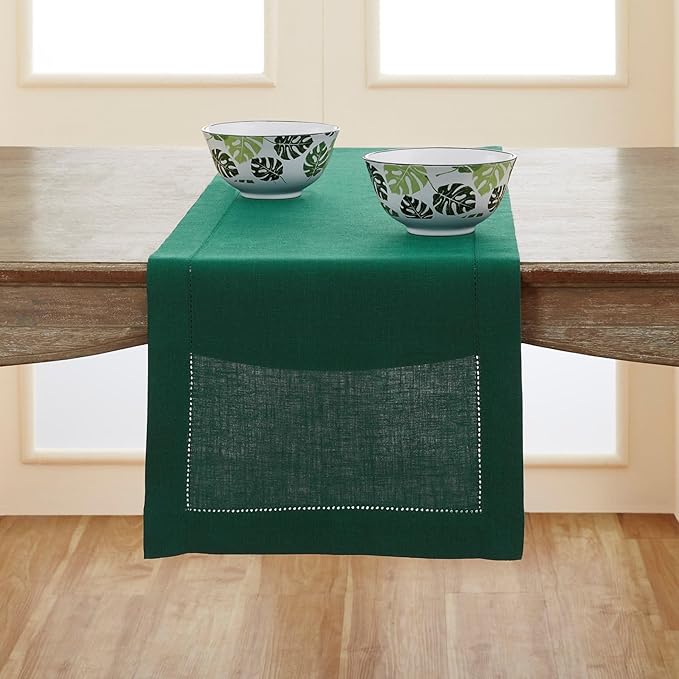 Solino Home Linen Table Runner 96 Inches Long - 100% Pure Linen Rainforest Green Table Runner 14 x 96 Inch for Fall, Autumn - Classic Hemstitch