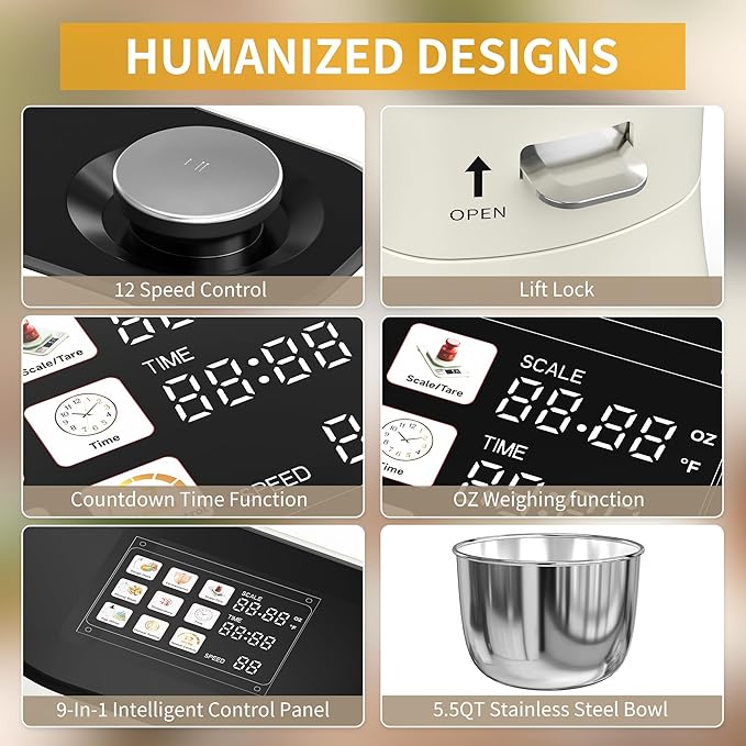 9-IN-1 Stand Mixer, 660W 12-Speed Kitchen Mixer, 5.5QT Bowl Household Food Mixers include Dough Hook, Whisk and Beater, Food Mixer for Most Home Cooks, Kitchen Scale for Baking and Most Home Cooks