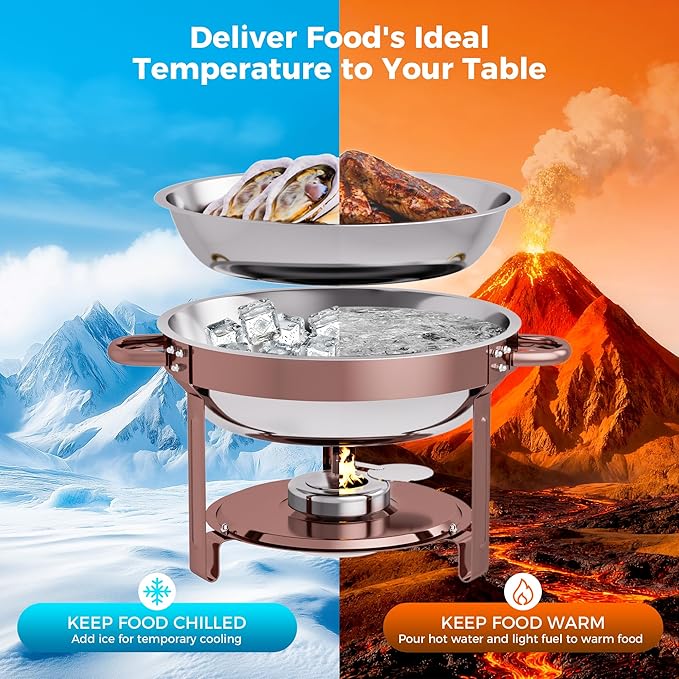Rose Gold 4 Pack Chafing Dishes for Buffet, 18/8 (304) Stainless Steel Food Pan with Lid, 6QT Round Chafing Dish Buffet Set Food Warmer, Food Warmers for Parties Buffet Catering Events Dinners