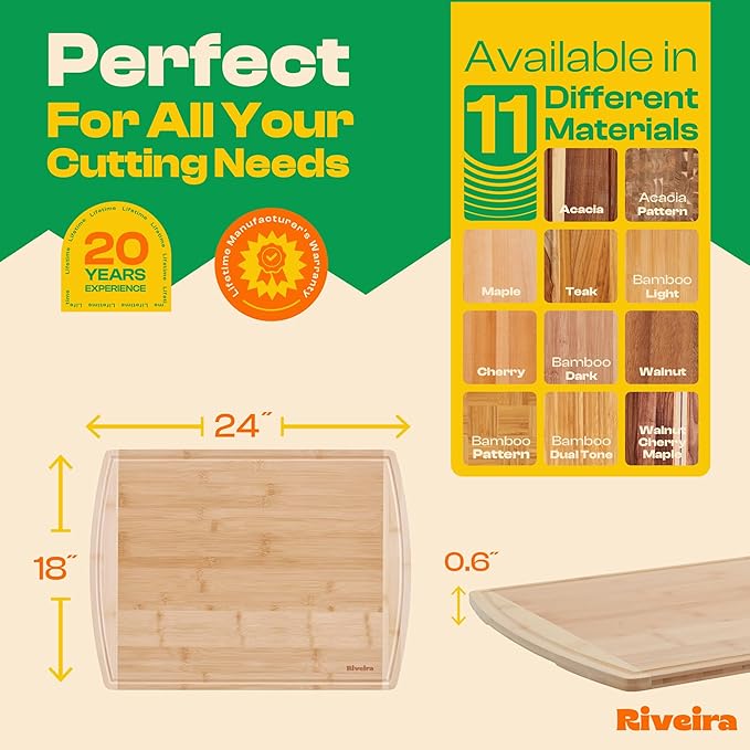 Riveira Two Tone Bamboo Wood Cutting Board – Gourmet Bamboo Grandeur: 24 x 18 Wooden Cutting Board – Wooden Cutting Boards For Kitchen Decorative – Innovative Juice Grooves Wooden Chopping Board