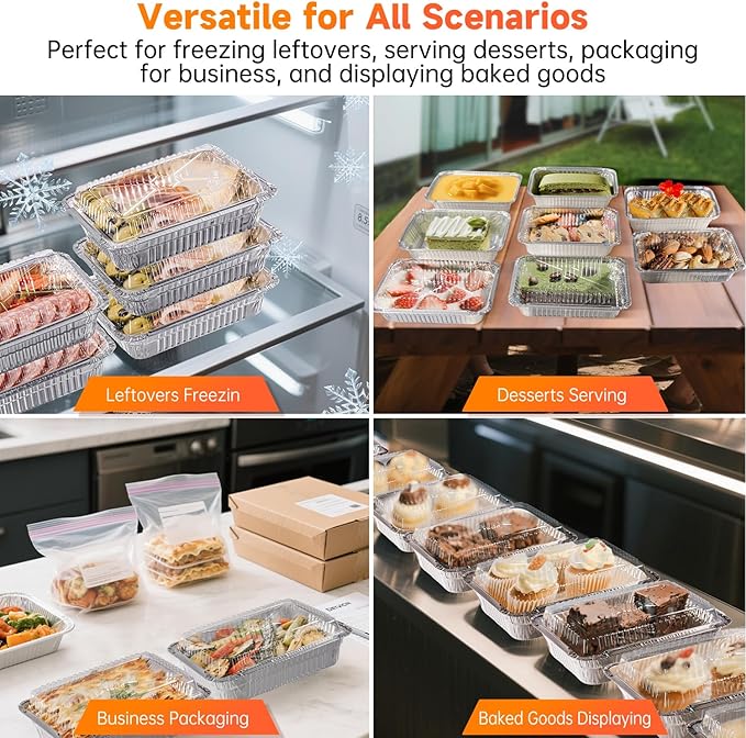 Aluminum Pans with Clear Lids - 50 Pack 2.25LB Capacity Disposable Pans with Plastic Dome Lids, 8.5”x6” Heavy Duty Tin Foil Pans for Cake Baking, Cooking, Heating, Storing, Prepping Food