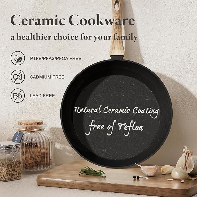 23 Pcs Pots and Pans Set, Non Stick Ceramic Cookware Set with 3 Frying Pans, Healthy Non-Toxic, Large Capacity,Induction Compatible, PFAS/PTFE/PFOA Free, Black