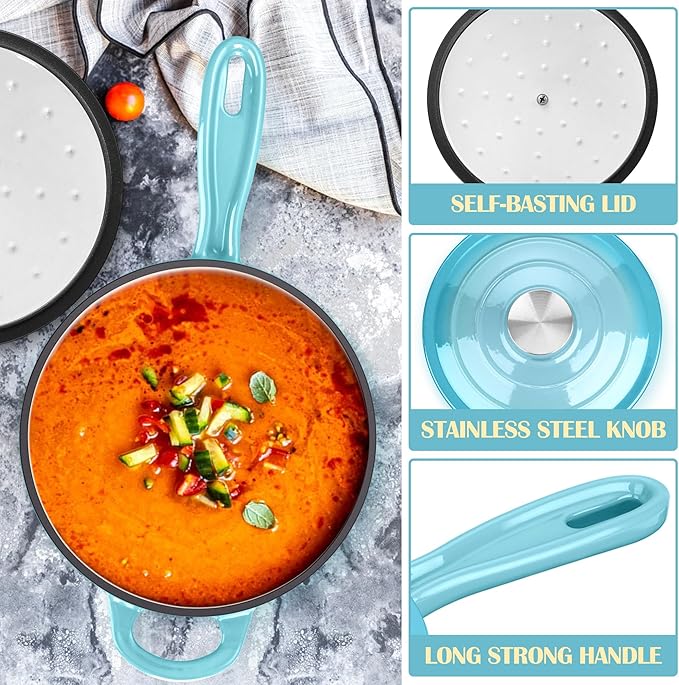 E-far Enameled Cast Iron Sauce Pan, 2 Quart Dutch Oven Saucepan with Lid, Small Sauce Pot for Cooking, Boiling, Healthy & Non Toxic, Induction & Oven Safe, Light Blue