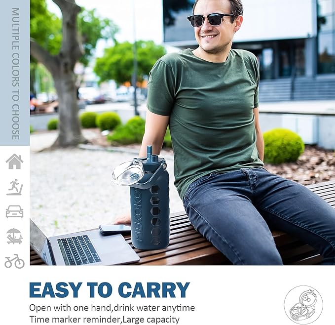 MUKOKO Half Gallon/64 oz Glass Water Bottles with Straw and Lid,Motivational Water Jug with Time Marker Reminder and Silicone Sleeve,100% Leakproof BPA Free Fitness Sports Large Bottle-Blue