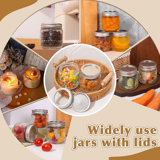 Mason Jars 8 Oz with Lids 12 Packs, Vintage Small Glass Canning Jars with Silver Metal Lids for Storing, Pickling, Honey, Jam, Home Decor, Candle and DIY Crafts