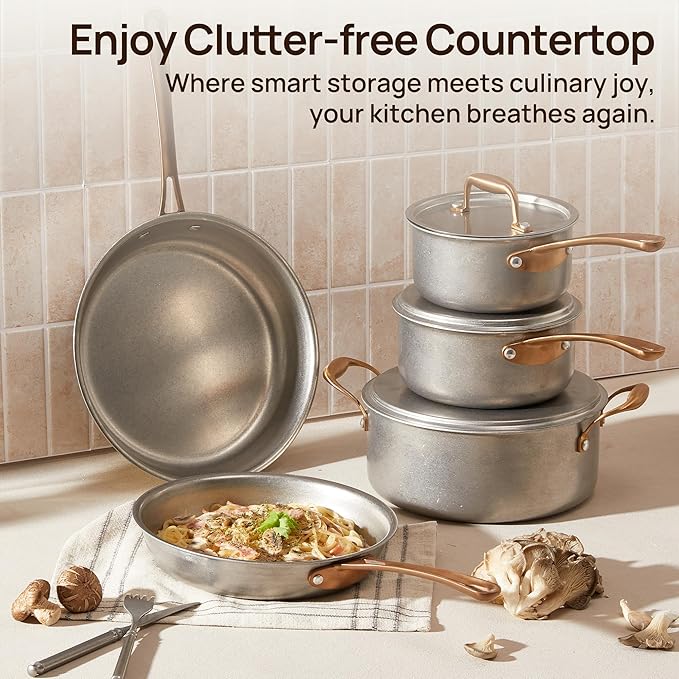 KOKHUB Pots and Pans Set 8 Pcs, Vintage Stainless Steel Cookware Set Non-Toxic, PFOA/PFOS/PTFE Free, Kitchen Cooking Set with Frying Pans, Saucepans, Oven & Dishwasher Safe, Induction Compatible