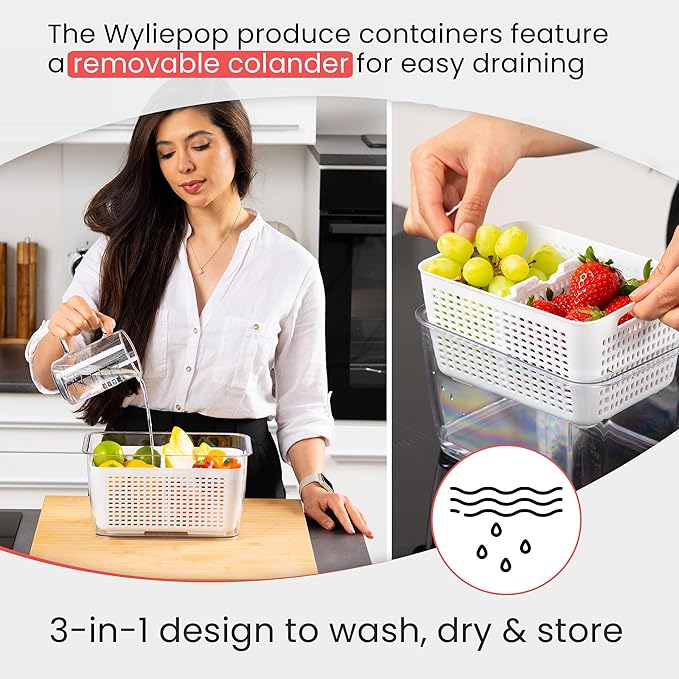 Premium Fruit Storage Containers for Fridge with Veggie Peeler – 3-in-1 Produce Containers for Fridge with Strainer & Removable Colander – Large, Clear Fruit and Vegetable Storage Organizer (Set of 3)