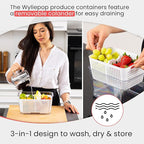 Premium Fruit Storage Containers for Fridge with Veggie Peeler – 3-in-1 Produce Containers for Fridge with Strainer & Removable Colander – Large, Clear Fruit and Vegetable Storage Organizer (Set of 3)