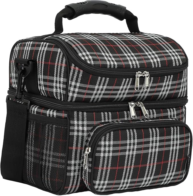 FlowFly Double Layer Cooler Insulated Lunch Bag Adult Lunch Box Large Tote Bag for Men, Women, With Adjustable Strap,Front Pocket and Dual Large Mesh Side Pockets
