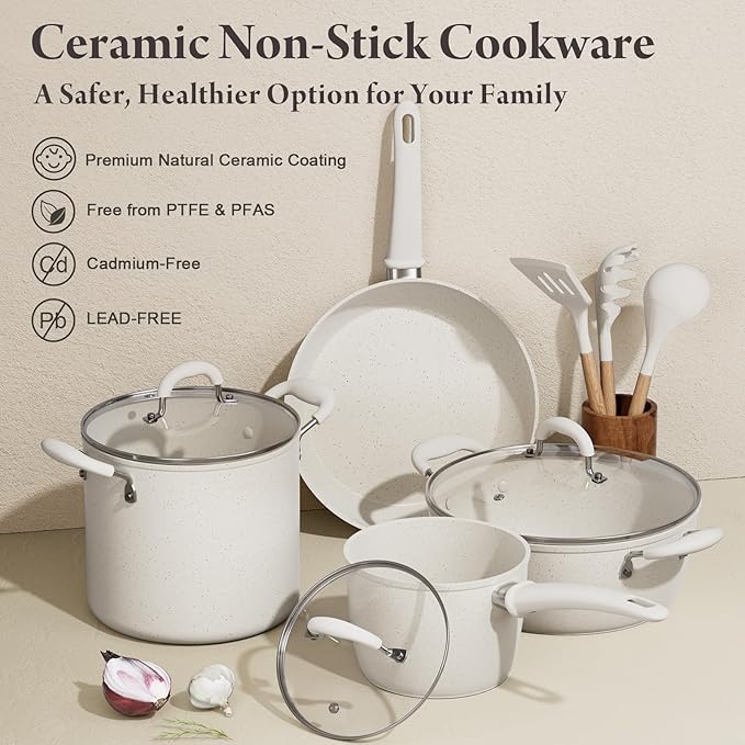 24 Pcs Pots and Pans Set Non Stick, Ceramic Cookware Set with 8QT Stock Pot, Healthy Non Toxic Kitchen Cookware, Large Capacity, Induction Compatible, PFAS/PTFE/PFOA/PFOS Free, Cream White