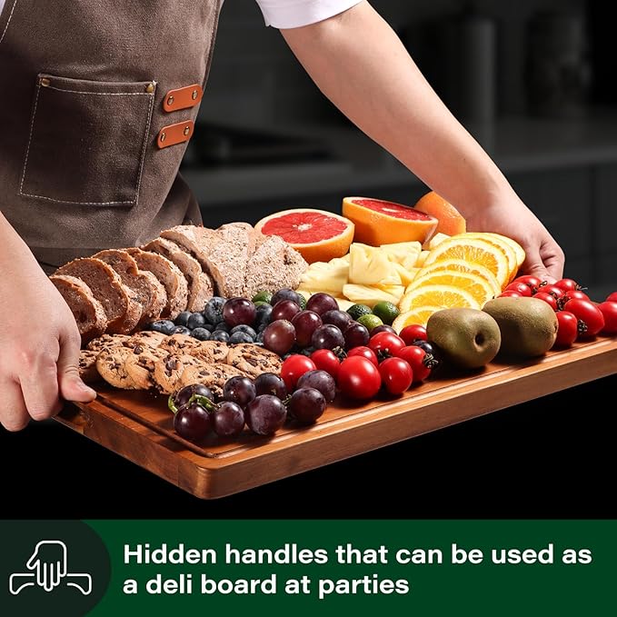 Extra Large Cutting Board, Wood Cutting Boards for Kitchen, Thick Chopping Board with Deep Juice Groove and Handles, Wooden Charcuterie Board for Meat, Turkey, fruit and cheese. (20x15x1 inch)