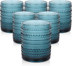 Vintage Glassware Drinking Glasses Set of 6,12 oz Hobnail Glass Cups,Embossed Blue Water Tumbler,for Beer,Cocktail,Whiskey,Juice and Various Mixed Drinks- 1 Cleaning Brush