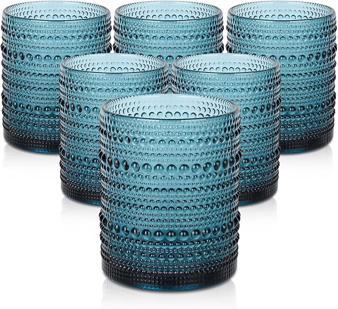 Vintage Glassware Drinking Glasses Set of 6,12 oz Hobnail Glass Cups,Embossed Blue Water Tumbler,for Beer,Cocktail,Whiskey,Juice and Various Mixed Drinks- 1 Cleaning Brush
