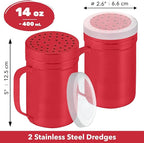 CUSINIUM 14oz Red Stainless Steel Salt Pepper Dredge Shakers - With Plastic Cap - With Handle - Pack of 2
