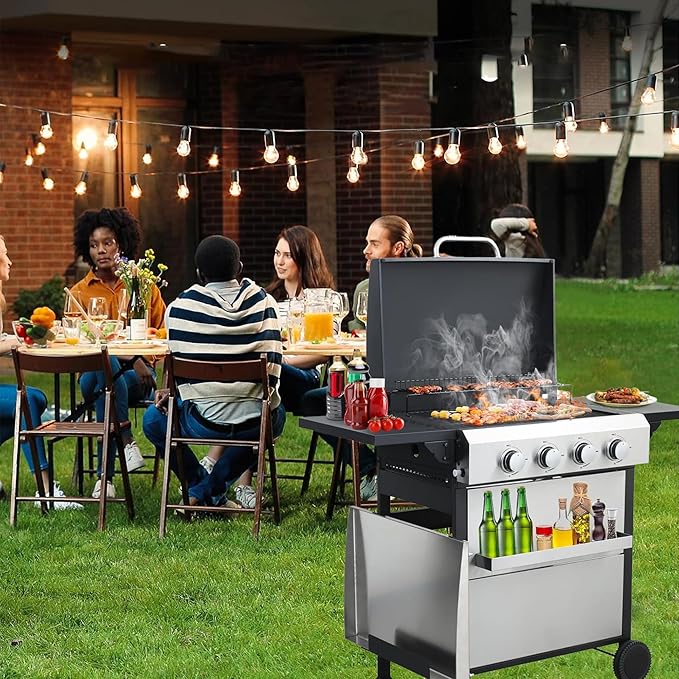 4-Burner Propane Gas BBQ Grill with Plate, 49200 BTU 2 in 1 Propane Griddle Grill Combo with 2 Foldable Side Table for Outdoor Cooking Camping Patio Backyard (4 burner +griddle)