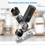 T&J's Upgraded Larger Capacity Electric Salt and Pepper Grinder Set Rechargeable (2 Pack) One Hand Operation with Storage Base, Five-Level Adjustable Coarseness and Warm LED Light, Black