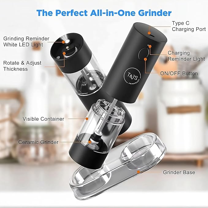 T&J's Upgraded Larger Capacity Electric Salt and Pepper Grinder Set Rechargeable (2 Pack) One Hand Operation with Storage Base, Five-Level Adjustable Coarseness and Warm LED Light, Black