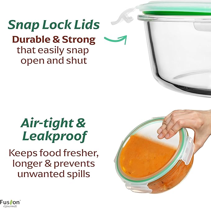 Fusion Gourmet Round Glass Storage Containers with Lids [6 pack] Microwave Safe, Leak-proof, Dishwasher Safe, Oven Safe for Meal Prep Tupperware Set (3 Large + 3 Small, Green)