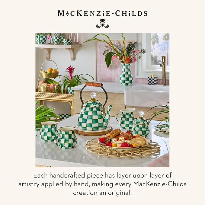 MACKENZIE-CHILDS Enamel Whistling Tea Kettle, Decorative Teapot, Green-and-White Emerald Check