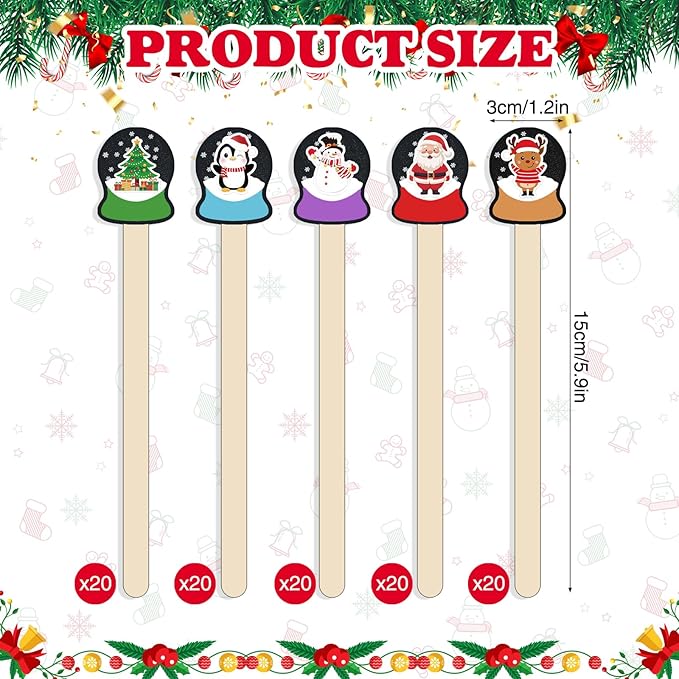 100 Pcs Christmas Coffee Stirrers Wood Cocktail Coffee Stir Sticks Disposable Drink Stirrers for Stirring Hot Chocolate Milkshake Restaurant Home Office Party Supplies