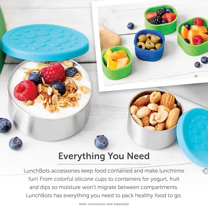 LunchBots Large Trio Stainless Steel Lunch Container -Three Section Design for Sandwich and Two Sides - Metal Bento Lunch Box - Eco-Friendly - Stainless Lid - Blue Dots