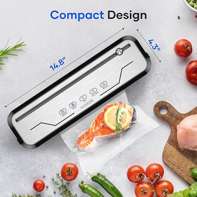 KOIOS Vacuum Sealer Machine with Starter Kit, One-Touch Operation | Built-in Cutter | Dry & Moist Modes | Compact Design | Vacuum Sealer for Food Preservation, Freezer Storage & Meal Prep