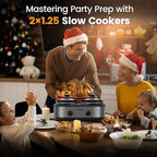 KOOC Double Small Slow Cooker, Buffet Server and Warmer, 2 Mini Pots with 3 Individual Adjustable Temp, Dual Ceramic Pots, Free Liners for Easy Clean-up, Stainless Steel, Total 2.5 Quart, Grey, Round