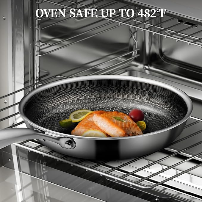 Stainless Steel Frying Pan with Lid, 8 Inch Honeycomb Non Stick Frying Pan, Small Stainless Steel Nonstick Pans W/Lid, Safe Nonstick Skillet Egg Omelete Pans, Oven Safe, Induction Compatible,PFOA Free