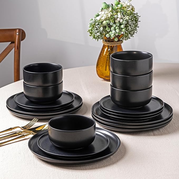 LERATIO Stoneware Dinnerware Sets for 4,Handcarft Ceramic Plates and Bowls Sets,Chip and Scratch Resistant Dishes, Dishwasher & Microwave Safe, Oven safe,Reactive Glaz-Black