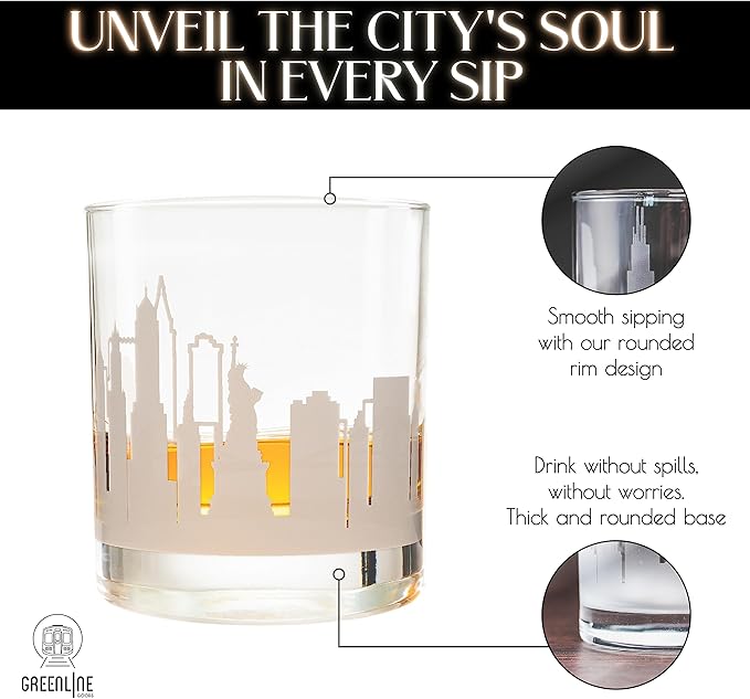 Greenline Goods Skyline Etched New York City Whiskey Glasses Gift (Set of 2) | Old Fashioned Tumbler – For New York City Lovers