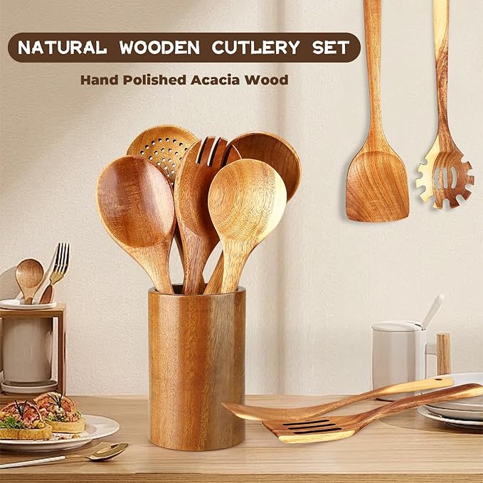 Wooden Spoons for Cooking, 9 Pieces Natural Acacia Kitchen Utensils Set, Long Handles Heat Resistant Kitchen Wooden Cookware for Nonstick Pan (9)