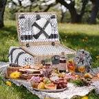 Picnic Basket Set for 4 with Waterproof Blanket Mat Insulation Bag Wicker Classic White Black Polka Dots Elegant Gift for Wedding Birthday Summer Camp Outdoor Camping Beach Travel Christmas