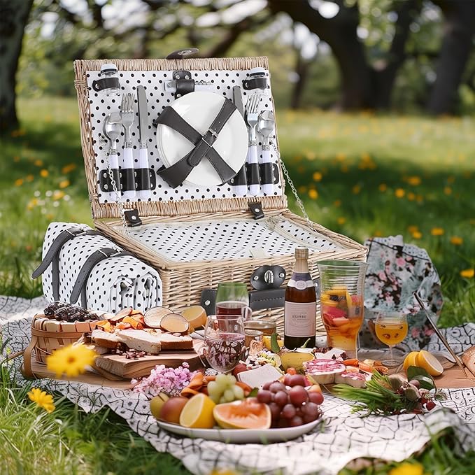 Picnic Basket Set for 4 with Waterproof Blanket Mat Insulation Bag Wicker Classic White Black Polka Dots Elegant Gift for Wedding Birthday Summer Camp Outdoor Camping Beach Travel Christmas