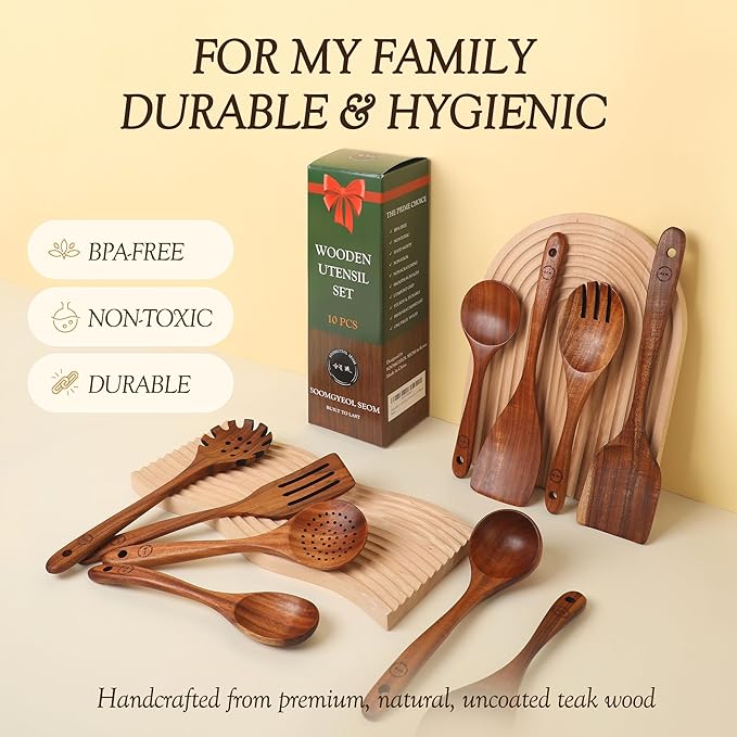 Wooden Spoons for Cooking – 10-Piece Teak Wood Cookware Utensil Set with Smooth Finish – Non-Stick, Comfortable Grip – Durable, Heat Resistant Kitchen Utensils