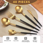 5-Piece Matte Black Gold Stainless Steel Large Hostess Set With Round Edge Satin Finish Dishwasher Safe - Large Serving Set Including Fork, Knife, Sugar Spoon And Slotted Spoon