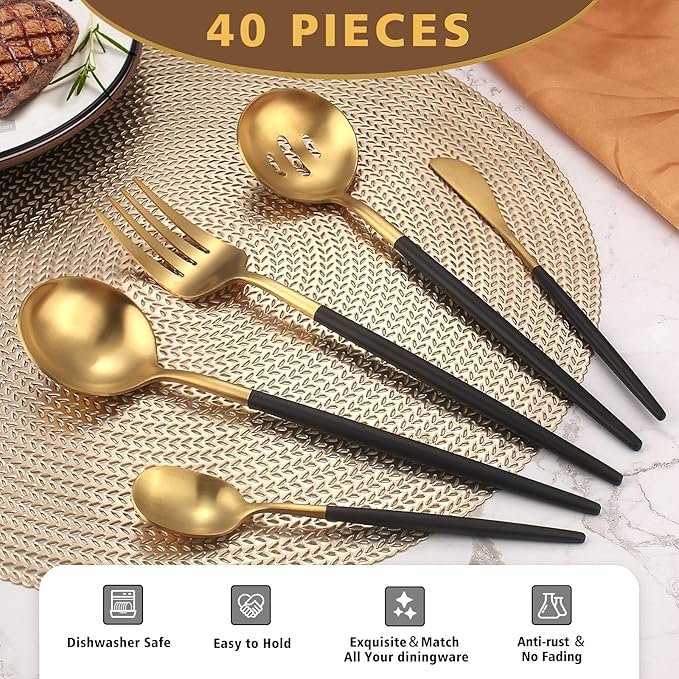 5-Piece Matte Black Gold Stainless Steel Large Hostess Set With Round Edge Satin Finish Dishwasher Safe - Large Serving Set Including Fork, Knife, Sugar Spoon And Slotted Spoon