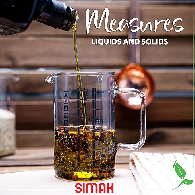 Simax Glass Measuring Cup, 16 Ounce Durable Borosilicate Glass, Easy to Read Metric Measurements, Liter, Milliliter, Ounce, Sugar Grams, Flour Grams, Drip Free Spout, Microwave and Dishwasher Safe