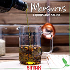 Simax Glass Measuring Cup, 16 Ounce Durable Borosilicate Glass, Easy to Read Metric Measurements, Liter, Milliliter, Ounce, Sugar Grams, Flour Grams, Drip Free Spout, Microwave and Dishwasher Safe