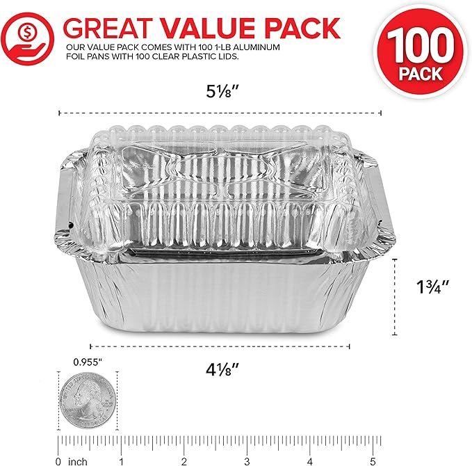 Stock Your Home 1 Lb Small Aluminum Pans with Lids (100 Pack) Foil Pans + Clear Plastic Lids, Disposable Cookware, Takeout Trays with Lids - To Go Disposable Food Containers for Restaurants & Catering