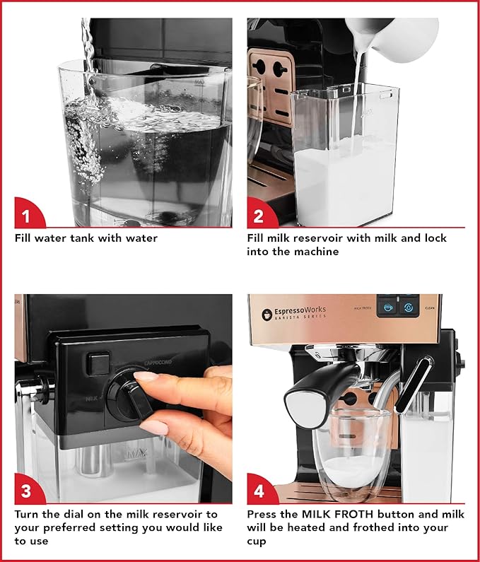 EspressoWorks 19-Bar Espresso, Latte and Cappuccino Maker 10-Piece Set - Brew Cappuccino and Latte with One Button - Espresso Machine with Milk Steamer 1250W - Coffee Gifts (Rose Gold)