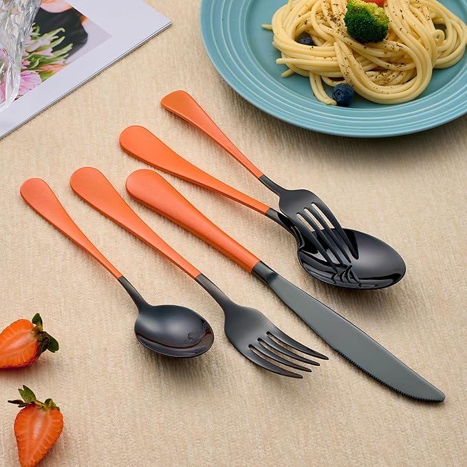 20-Piece Black Silverware Set 18/0 Stainless Steel Silverware Set Orange Handle Cutlery Set Service for 4 Dinner Knives Forks Spoons Set Flatware Set Finish Dishwasher Safe
