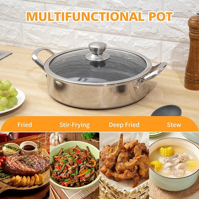 Stainless Steel Saute Pan 12 inch Deep Frying Pan,5 Quarts Nonstick Skillet Large Sauté Pan with Lid,PFOA Free Cookware,Induction Compatible Chef Cooking Pan,Dishwasher & Oven Safe