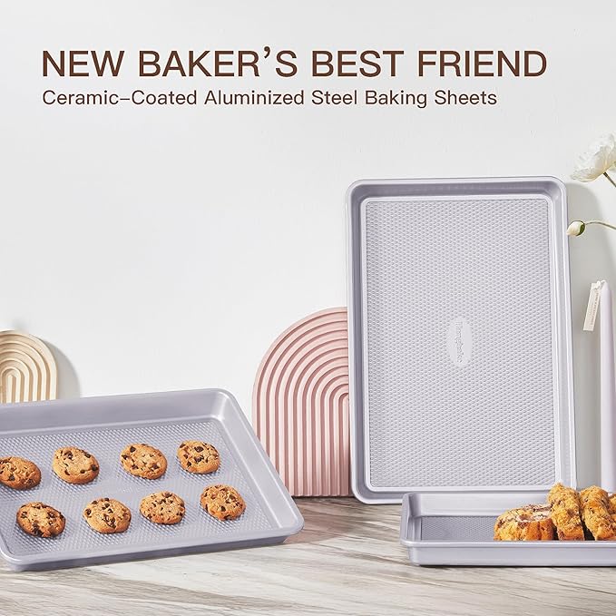 HONGBAKE 3 Pack Nonstick Ceramic Baking Sheet Pan Set for Oven, Non-Toxic Half/Quarter/Jelly Roll Pans with Diamond Texture, Heavy Duty 0.8mm Aluminized Steel Cookie Trays for Cooking, Light Grey