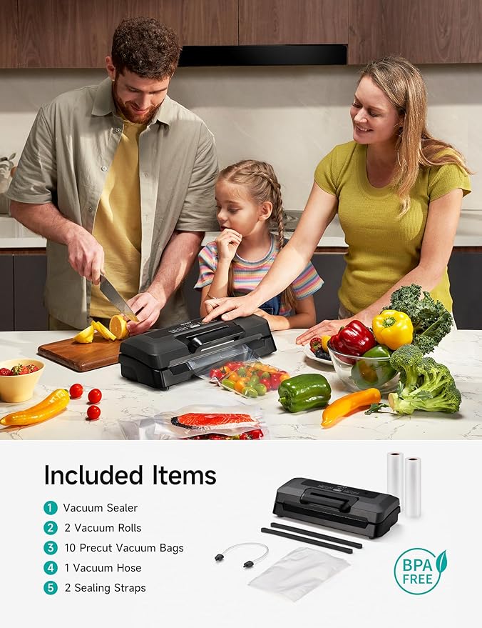 HiCOZY Vacuum Sealer for Food, Powerful Heat Food Sealer, Dry Moist 7-1 Multiple Automatic Modes, Easy-Lock Handle, Compact Design with 10 Vacuum Bags & 2 Bag Rolls, Bag Cutter Included, Black