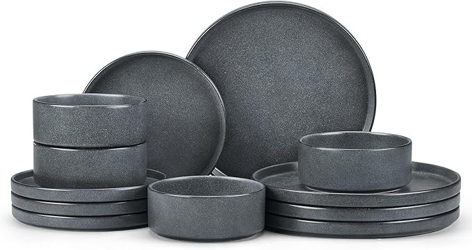 E-far Stoneware Dinnerware Sets for 4, 12-Piece Reactive Glaze Plates and Bowls Sets, Kitchen Ceramic Dishes Dinning Ware, Microwave & Dishwasher Safe, Deep Gray